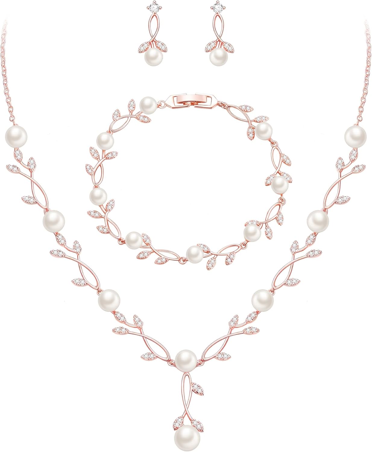 EVER FAITH Bridal Cubic Zirconia Jewelry Sets for Women, White Simulated Pearl Leaf Vine Pendant Wedding Party Necklace Earrings Set for Bridesmaid Bride
