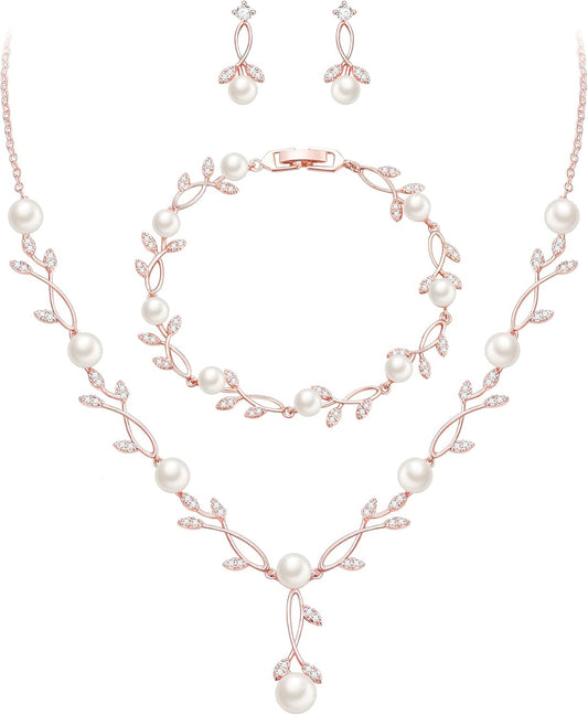 EVER FAITH Bridal Cubic Zirconia Jewelry Sets for Women, White Simulated Pearl Leaf Vine Pendant Wedding Party Necklace Earrings Set for Bridesmaid Bride