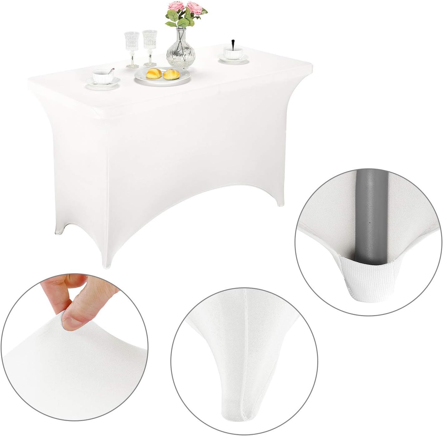 LZY Spandex Fitted Stretch Table Cover for 4ft or 6ft or 8ft Folding Table, Rectangular Cocktail Tablecloth, Perfect for Party or Banquet (4FT White)