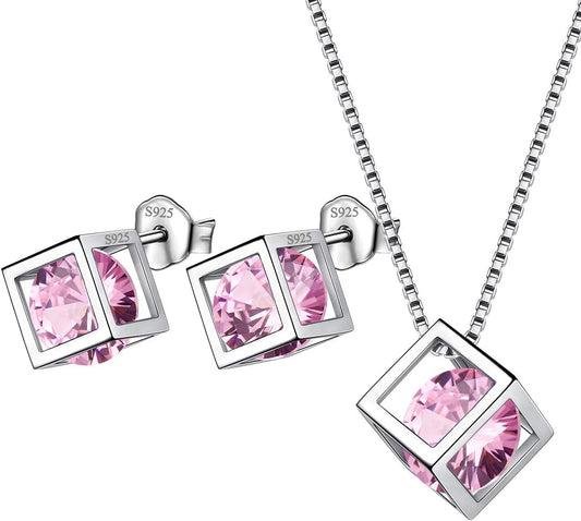 Aurora Tears Birthstone Necklace/Earring 925 Sterling Silver Women Cross/3D Cube/Cresent Moon Birth Stone Jewelry Mens Birthday Gift Anniversary Present