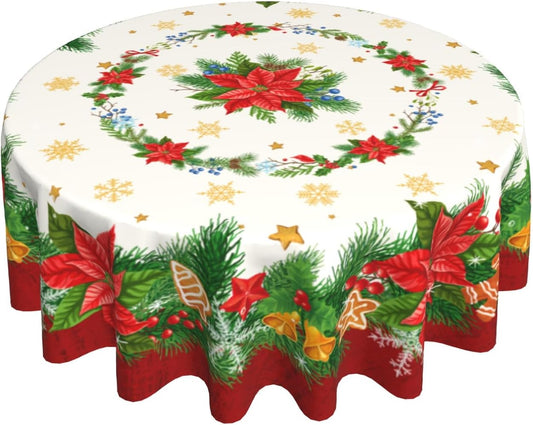 Giwawa Christmas Tablecloth 60 Inch, Winter Poinsettia Floral Round Table Cloth, Xmas Snowflake Holly Berry Table Cover for Kitchen Dining Decor, Waterproof Reusable Tablecloths for Holiday Party