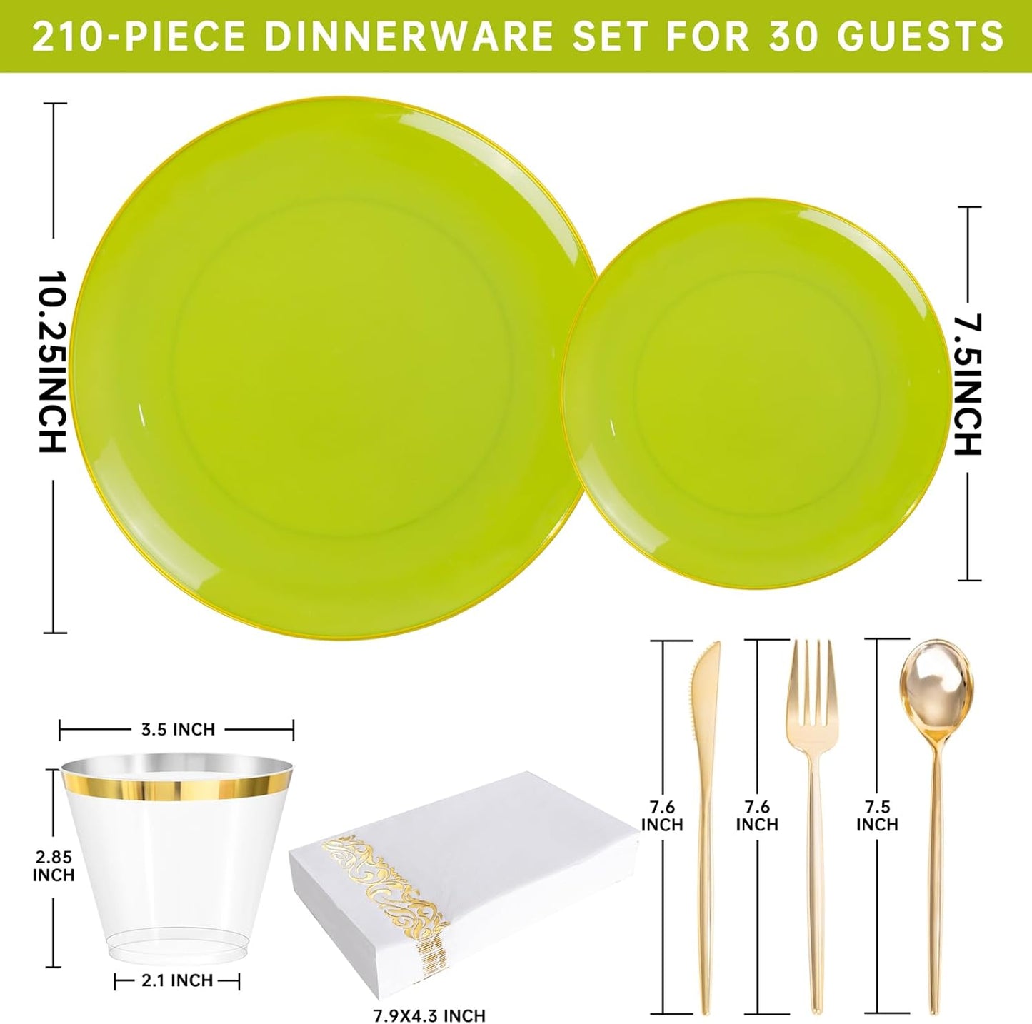 MirthMood 210pcs Green Plastic Plates,Disposable Green Gold Party Plates,Include 30 Dinner,Dessert Plate,30 Cup&30 Napkins, 90 Gold Silverware for Wedding & Party & Birthday（grape green）