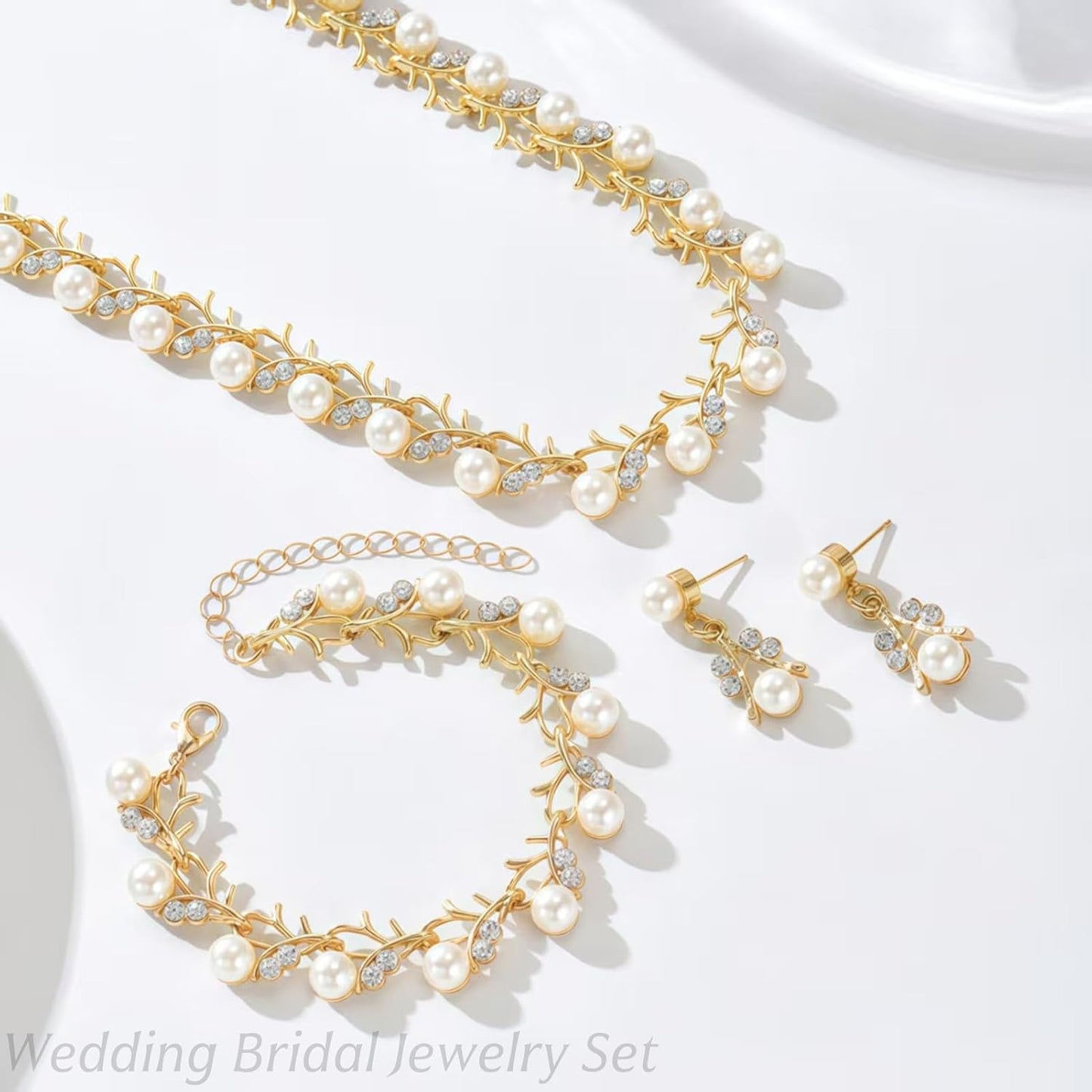 la luen Pearl Bride Wedding Jewelry Set Faux Pearls Crystal Rhinestone Necklace Earrings Bracelet Sets for Women Bridesmaid(3 PCS)