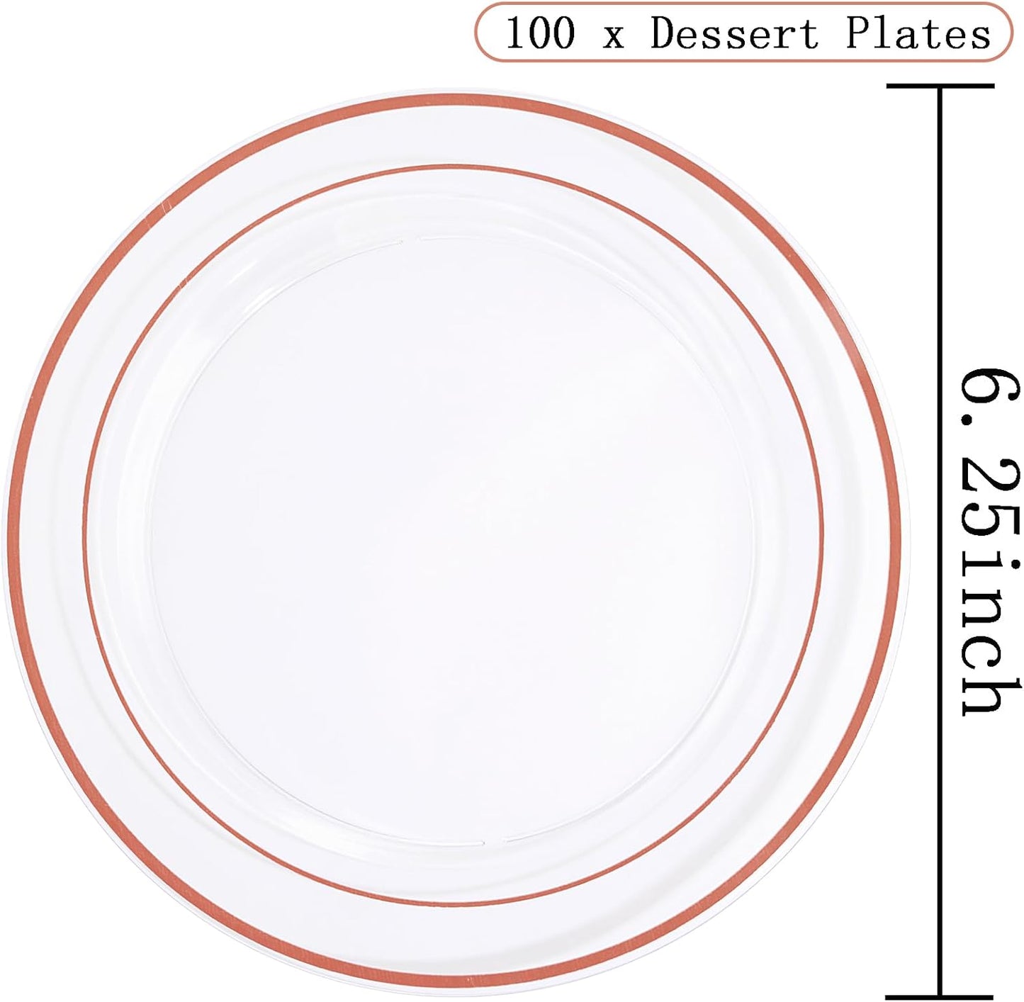 bUCLA 100PCS Clear Rose Gold Plastic Plates Disposable - Heavy Duty 6.25 Inch Clear Plastic Dessert Plates with Rose Gold Trim - Ideal for Party, Wedding & Mother’s Day
