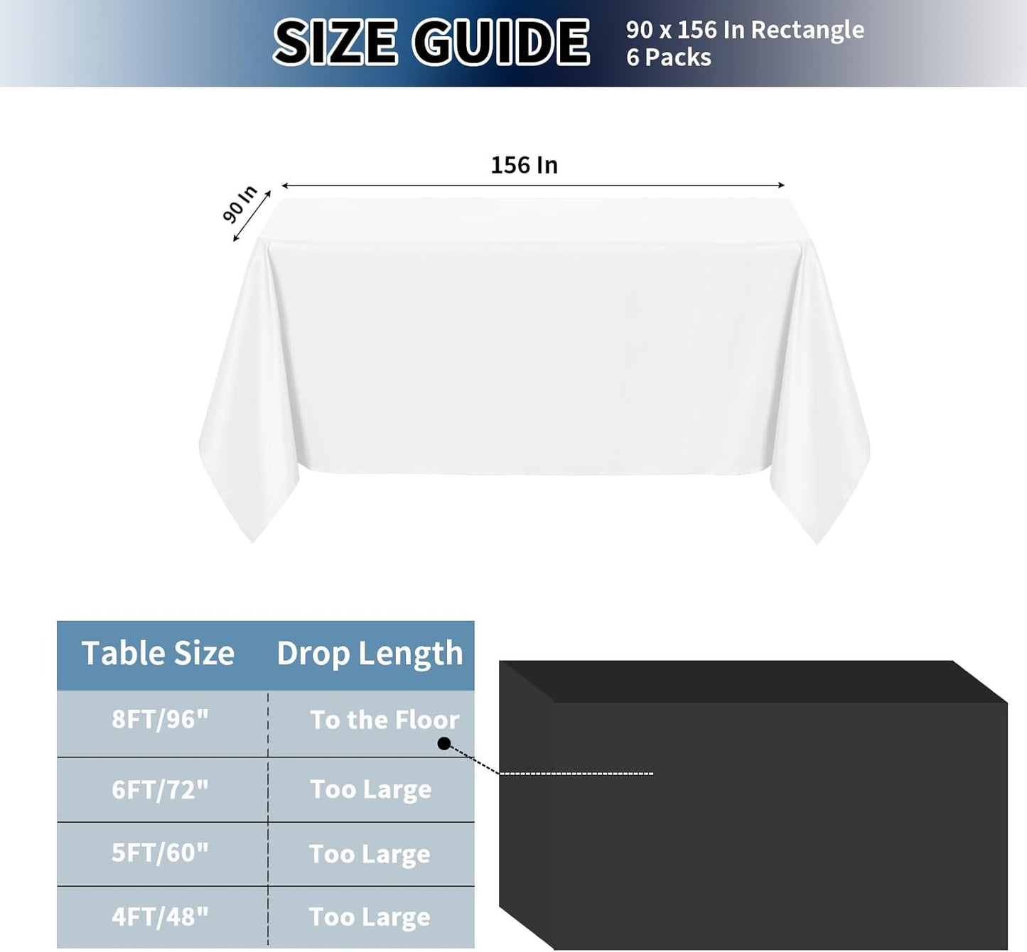 PureFit 6 Pack Rectangle White Table Cloths 90 x 156 Inch for 8Ft Tables, Stain and Wrinkle Resistant Table Linens for Home Use, Wedding, Party, Banquet and Camping