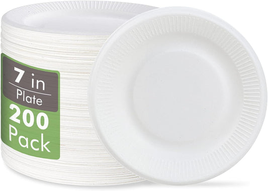 Vplus 100% Compostable Paper Plates, 200 Pack 7 Inch Disposable Paper Plates, Uncoated Biodegradable, Made of Sugar Cane Fibers, Perfect for Sandwich, Cake, and Snack