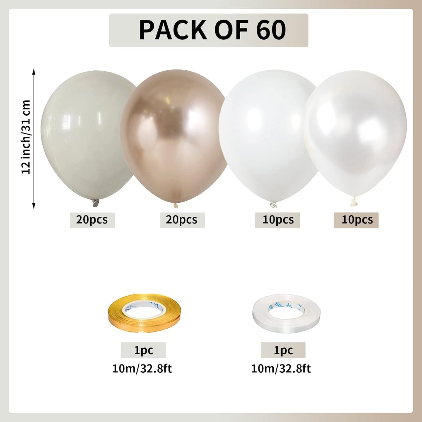 Champagne Gold and White Balloons, 60Pcs Beige White Sand Metallic Gold Pearl White Balloons for Girls, Neutral Ivory White Gold Balloons for Women Birthday Boho Wedding Engagement Party Decorations