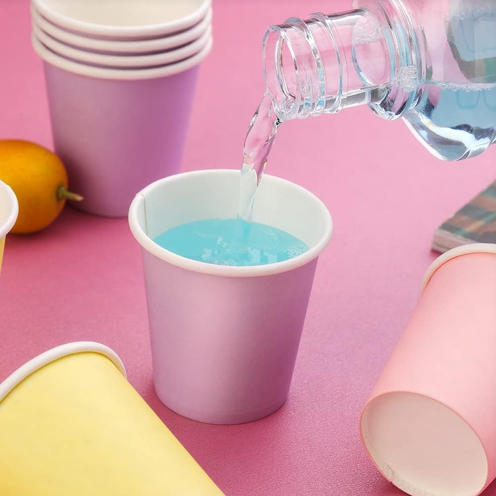 3 oz Paper Cups, 60 Pack Mouthwash Cups Bathroom Paper Cups Espresso Small Cups for Snack Bathroom Espresso, Perfect for Home Condos Rvs Campers (Purple, Pink, Yellow)