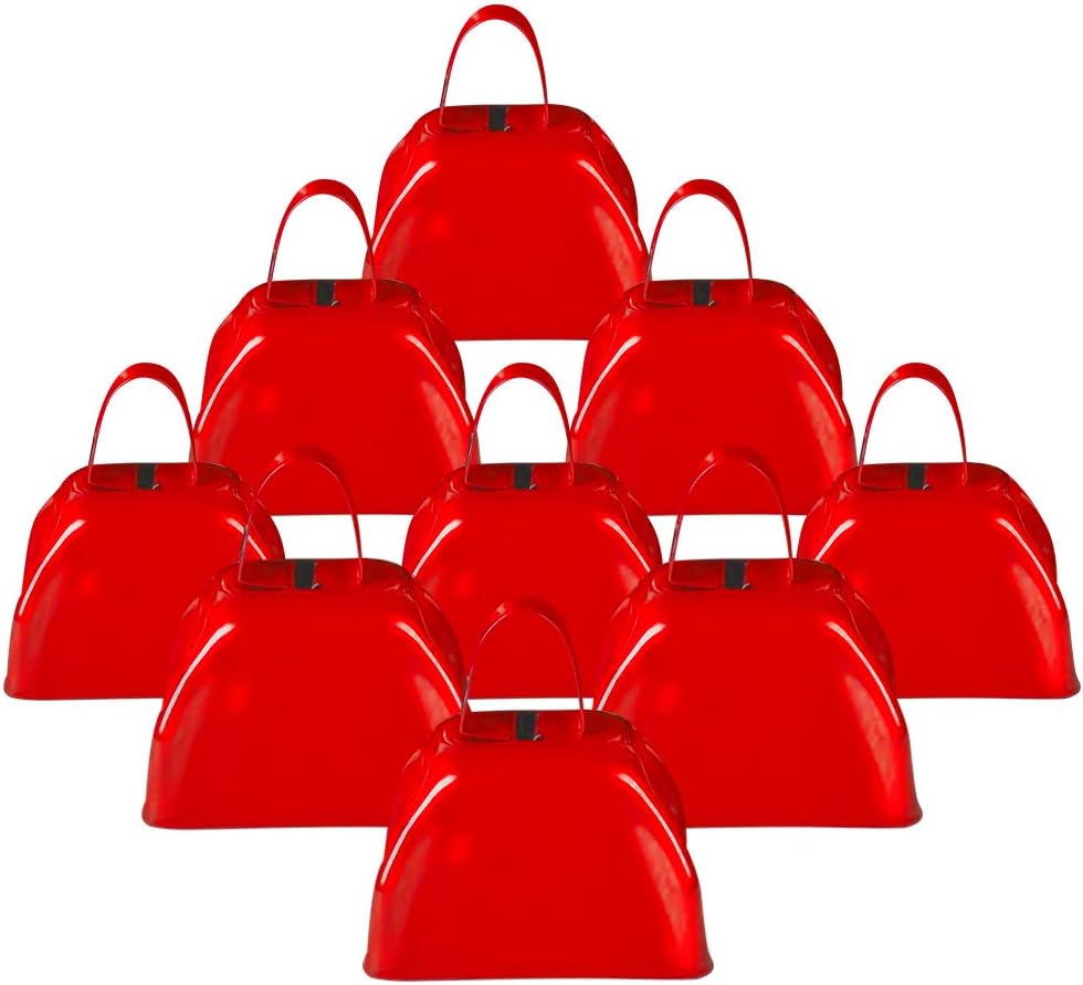 ArtCreativity 3 Inch Red Metal Cowbell Noisemakers - Pack of 12 - Loud Metal Cowbell Noise Makers with Handles, Great for Football Games, Sporting Events, New Year’s Eve, for Kids and Adults