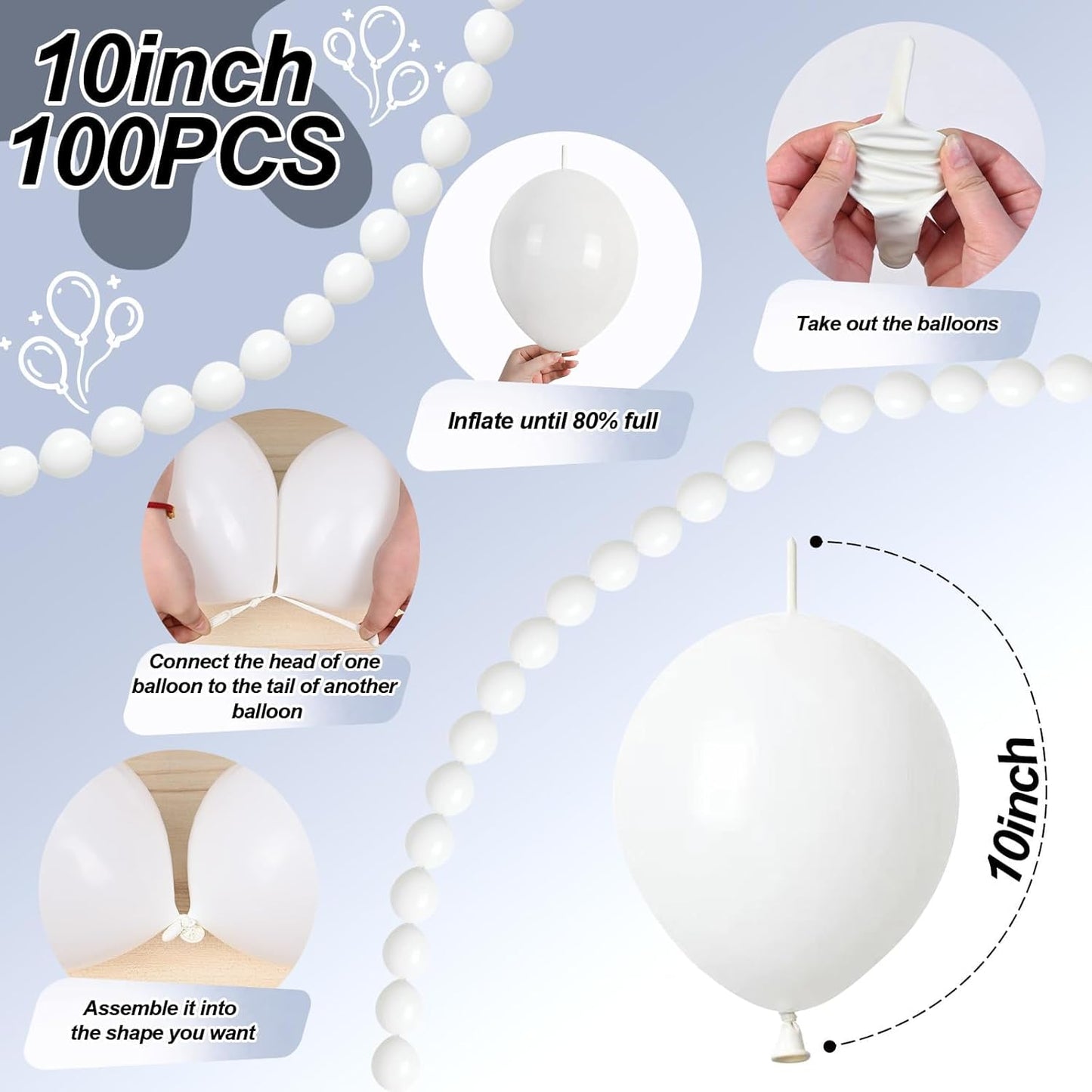 White Quick Link Balloons, 100PCS Linking Balloons for Making Balloon Wall Arch and Chain, Pearl White Linked Balloon for Wedding Birthday Baby Shower Engagement Graduation Party Decorations (10inch)