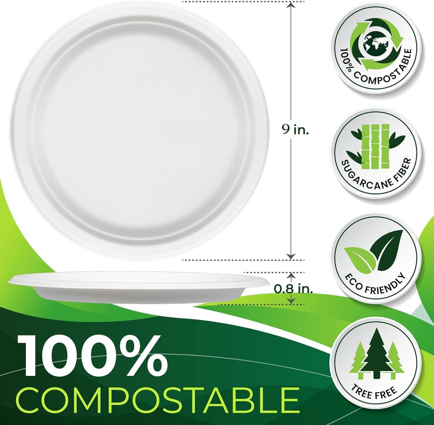 150pcs 100% Compostable 9in Paper Plates, Heavy Duty Disposable Eco Friendly Dinner Plates, Biodegradable Made of Sugarcane Fiber
