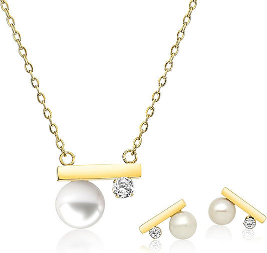 Pearl Necklace and Earring Set, 18K Gold Plated Earrings and Necklace Set for Women, Dainty Freshwater Pearl Jewelry Set for Women Gift