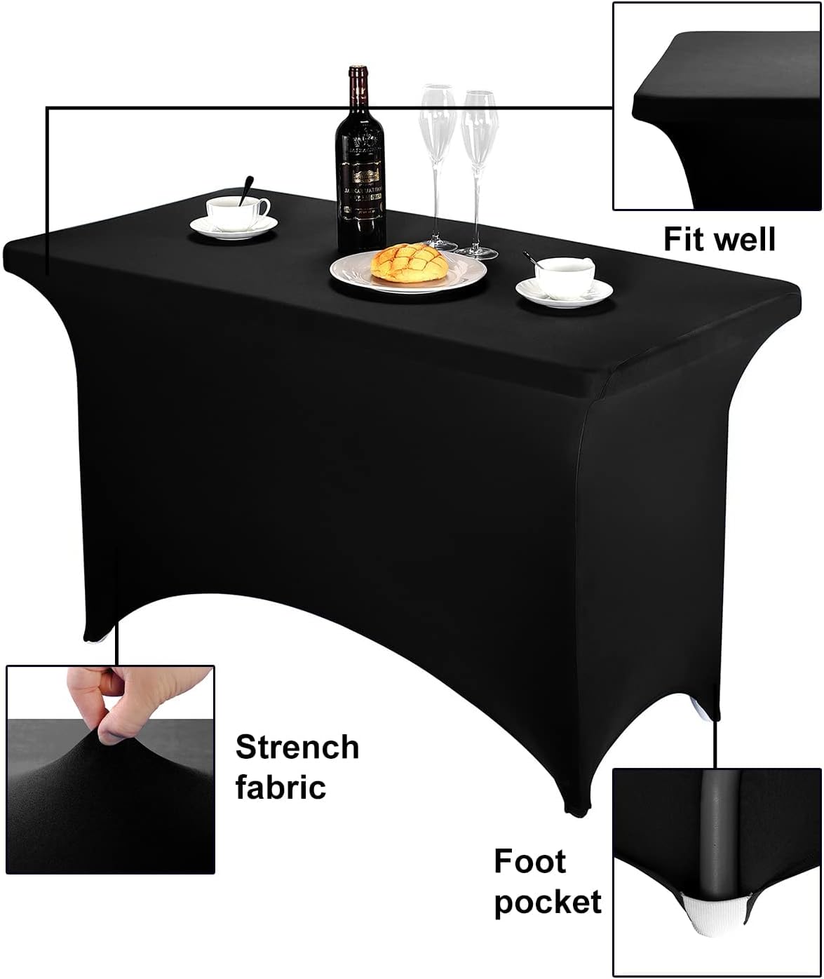 FORLIFE 2Pack Spandex Table Covers，Fitted Tablecloth for Rectangular Tables, Stretch Patio Table Covers, Universal Spandex Table Cover for Wedding, Banquet, Party (4ft, Black)