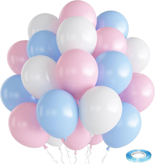 Pink Blue White balloons, 30 Pieces Pastel Pink White Blue Latex Balloons, 12 Inch Baby Pink Blue Party Balloons Set Gender Reveal Party Decorations for Boy or Girl Party Baby Shower Birthday Party