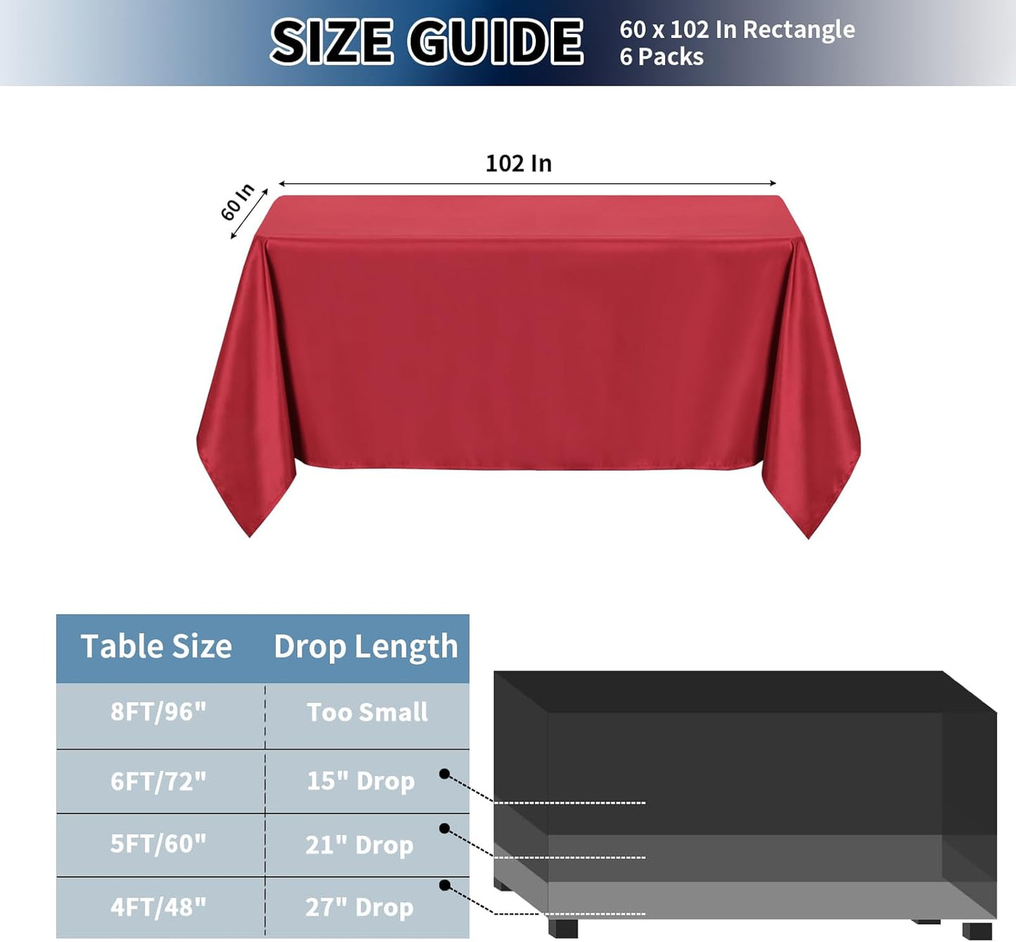 PureFit 6 Pack Rectangle Red Table Cloths 60 x 102 Inch for 6Ft Tables, Stain and Wrinkle Resistant Table Linens for Home Use, Wedding, Party, Banquet and Camping