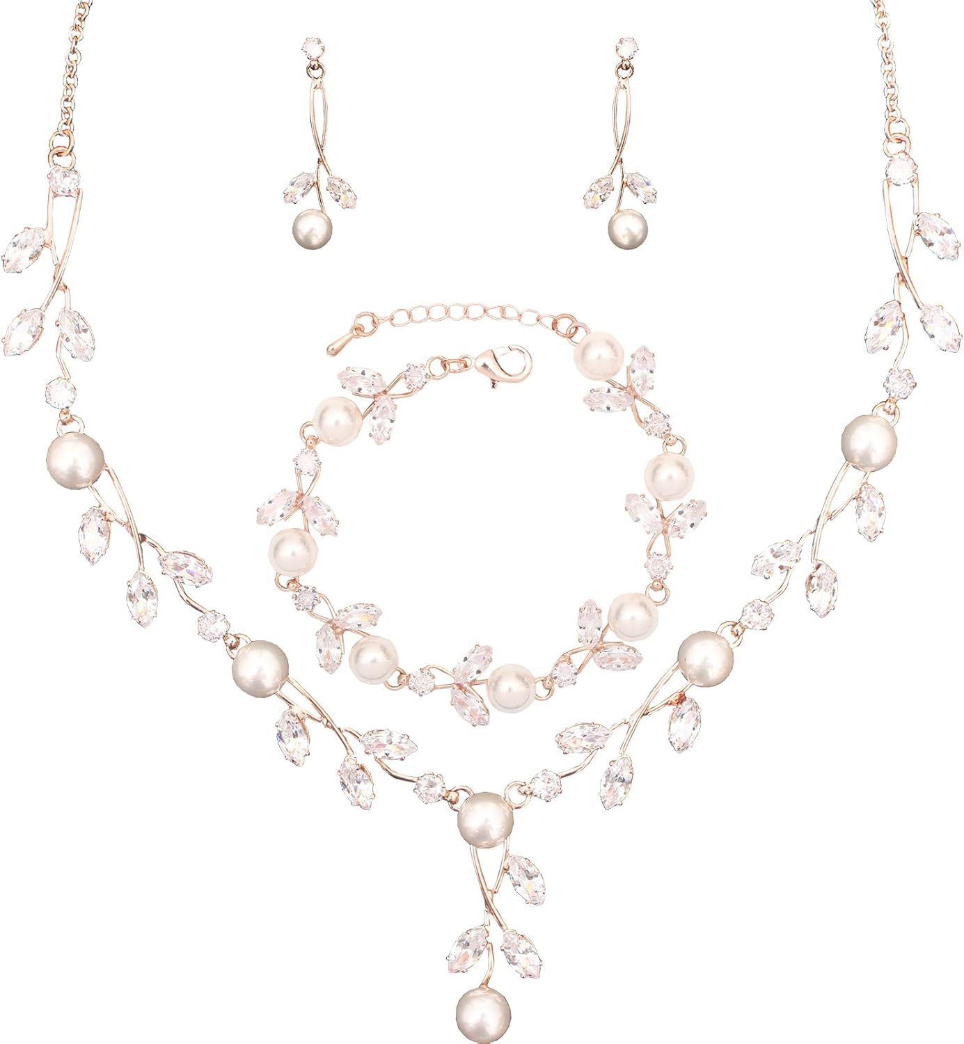 Luxury Cubic Zirconia Aurtrian Crystal Pearl Floral Necklace Dangle Earrings Wedding Bridal Jewelry Set Birthday Gifts for Her