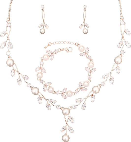 Luxury Cubic Zirconia Aurtrian Crystal Pearl Floral Necklace Dangle Earrings Wedding Bridal Jewelry Set Birthday Gifts for Her