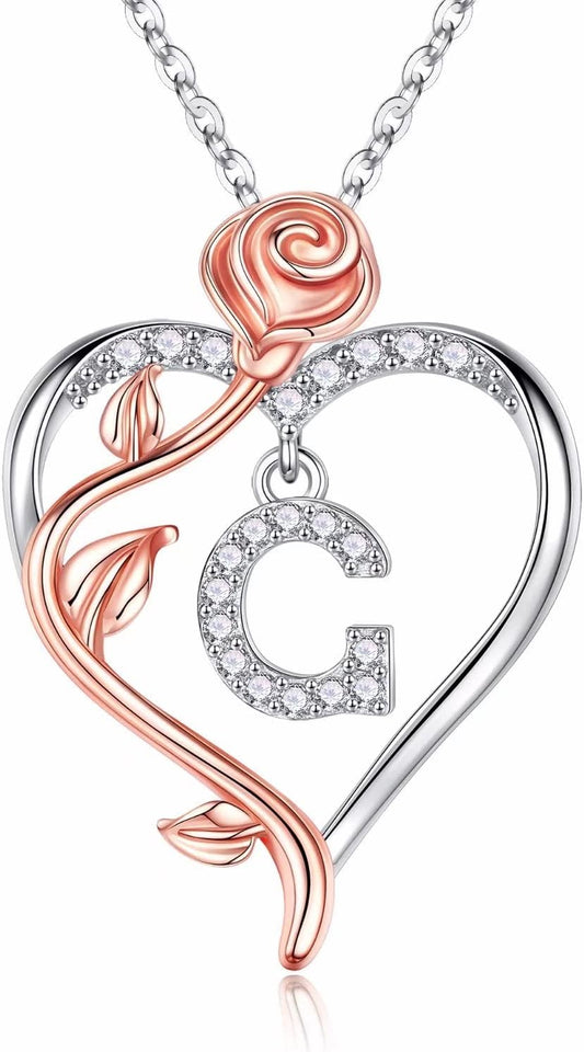 Iefil Christmas Gifts for Women Wife - 925 Sterling Silver Rose Heart Initial Necklace, Anniversary Birthday Gifts for Women, Jewelry Gift for Her Wife Girlfriend Mom Daughter
