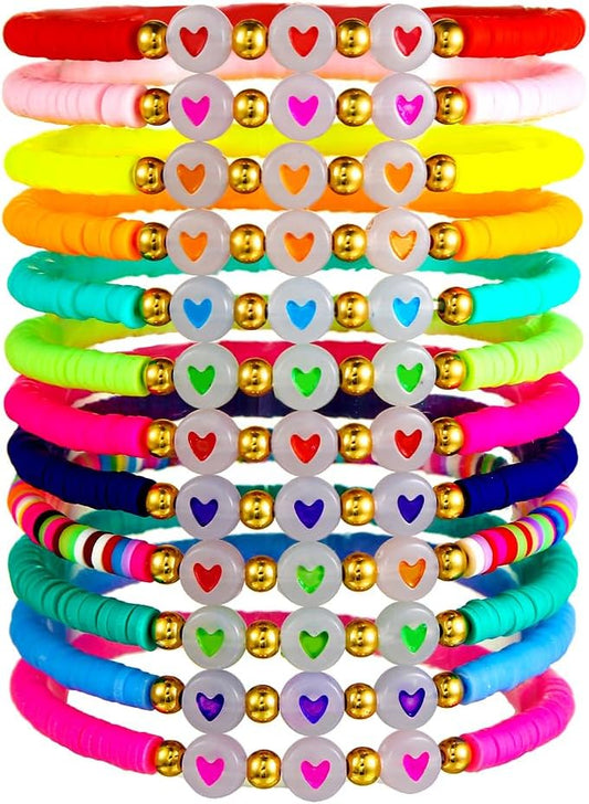 Heishi Surfer Clay Bead Bracelets Set for Women - Preppy Smile Evil Eye Beaded Stretch Bracelets Elastic Layering Friendship Bracelets- Stackable Boho Disc Summer Jewelry Set