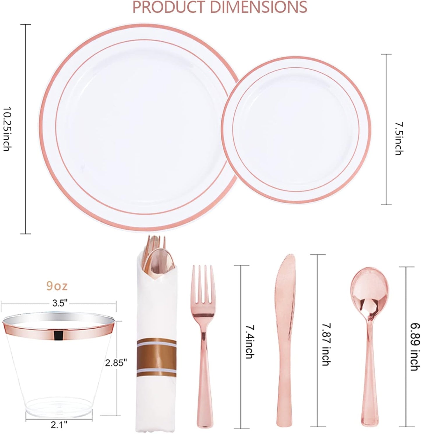 WELLIFE 350 Pieces Rose Gold Plastic Dinnerware, 50 Guests Disposable Plates with Rose Gold silverware and Cups, 50 Pre Rolled Napkins with Cutlery, Perfect for Wedding and Party
