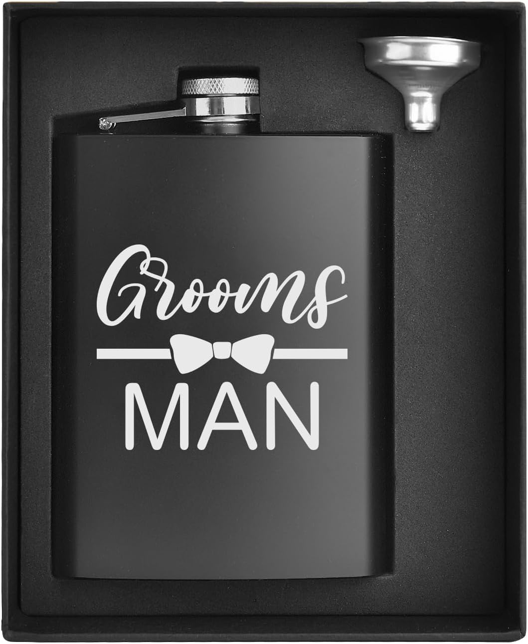 ELEGANTPARK Groomsman Gifts Engraved Groomsman Flask Wedding Bachelor Party Favor Stainless Steel Hip Flask for Liquor with Funnel for Men 8 OZ Black