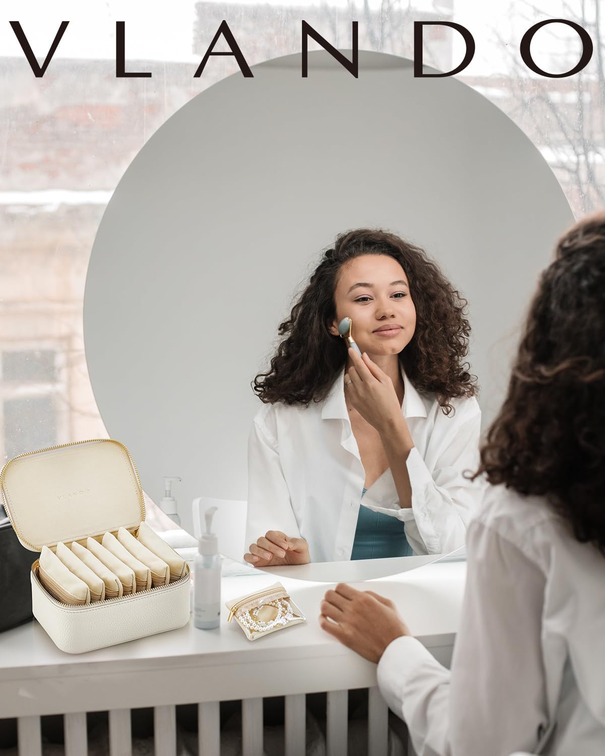 Vlando Travel Jewelry Organizer,PU Leather Jewelry Case Box for Travelers with 8 Pcs Claer Velvet Jewelry Bags Wedding Gifts for Women-White