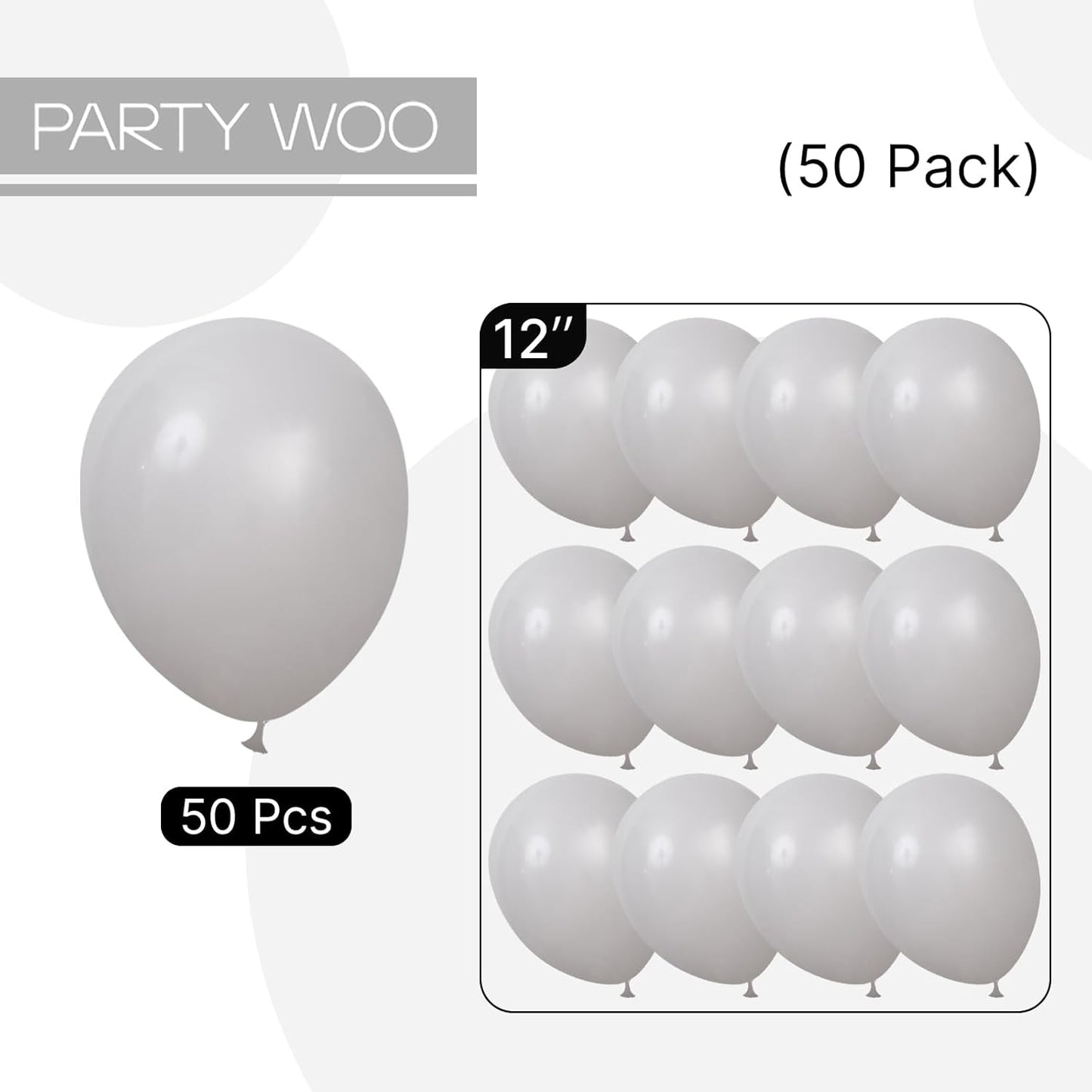 PartyWoo Gray Balloons, 50 pcs 12 Inch Matte Gray Balloons, Grey Balloons for Balloon Garland or Balloon Arch as Birthday Party Decorations, Wedding Decorations, Baby Shower Decorations, Gray-Y71