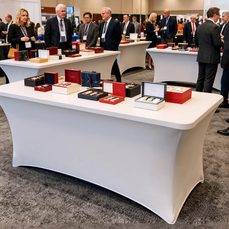 10 Pack 8FT Rectangular Spandex Tablecloth,Wrinkle Resistant Fitted Cover for 96x30 inch Banquet Table Cloth, Washable Stretch Fabric for Party, Events, Wedding, Vendor - White