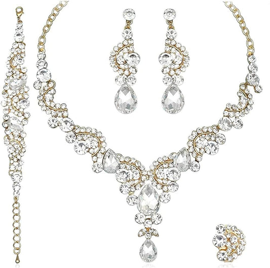 CSY Elegant Crystal Necklace Earrings Bracelet Ring Bridal Wedding Party Costume Jewelry Sets for Brides Women