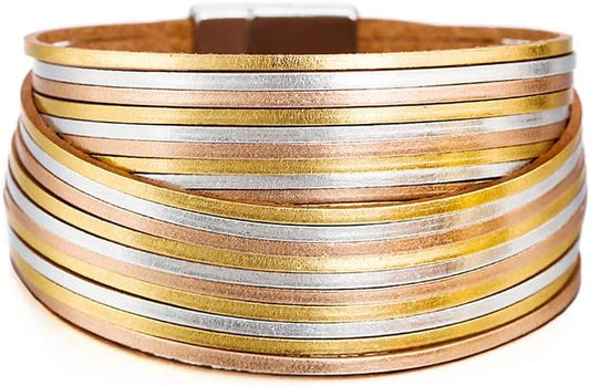 Fesciory Leather Wrap Bracelets for Women, Boho Leopard Multi-Layer Crystal Beads Cuff Bracelet Jewelry