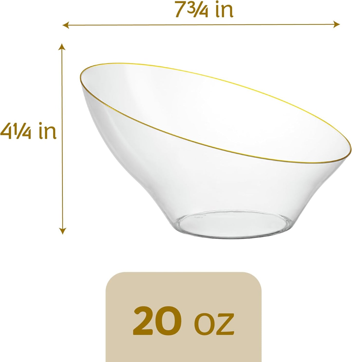 PLASTICPRO Angled Plastic Bowls Disposable Medium Plastic Clear Serving Bowls with Gold Rim for Party for Appetizer Salads Pack of 4
