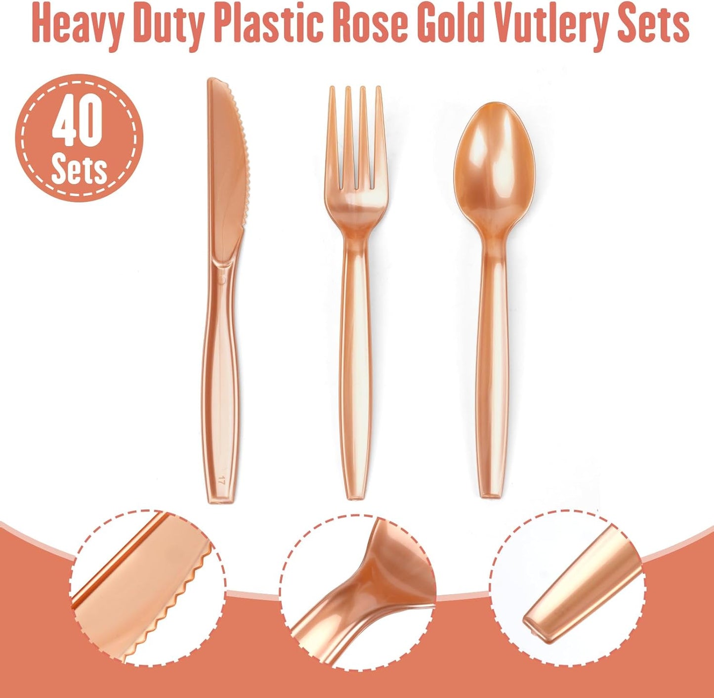 Party Supplies Set - 280 Pieces of White and Rose Gold Dot Paper Plates, Cups, Napkins, and Heavy Duty Silverware for 40 Guests for Birthdays, Graduation, Wedding, Festivals