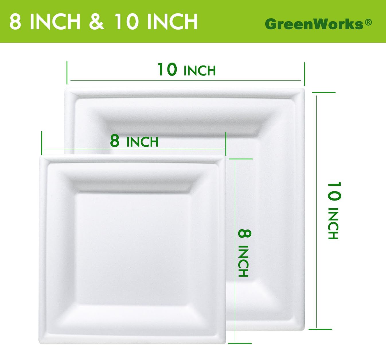 GreenWorks 8 inch and 10 inch Compostable Plates (each 50 Count), 100 Count Bagasse and Bamboo Fiber Disposable Paper Plates