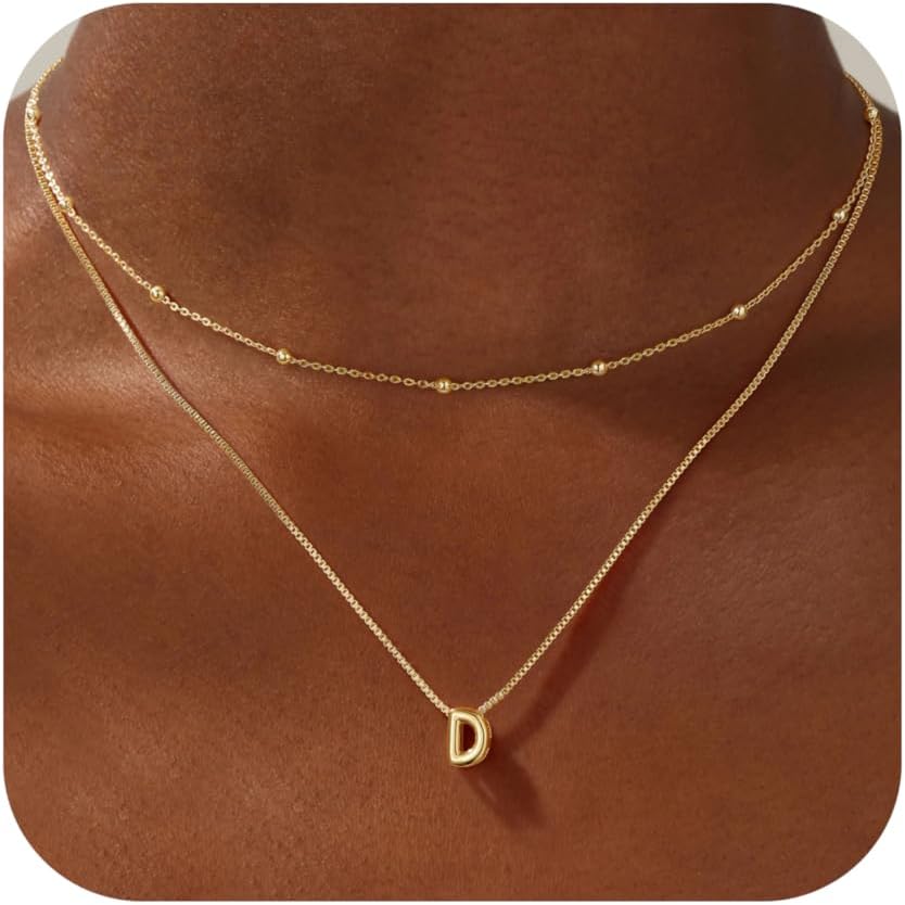 Initial Necklaces for Women - Real Gold Plated Bubble Pendent Dainty Gold Necklace for Women Layered Gold Letter Necklace Beaded Box Chain Choker Necklace Jewelry for Women Gifts for Girls