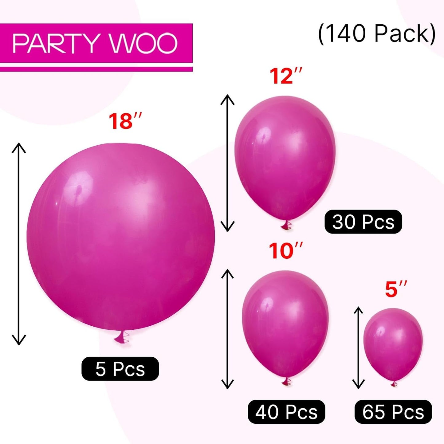 PartyWoo Hot Pink Balloons 140pcs Different Sizes of 18 12 10 5 Inch Magenta Fuchsia Dark Pink Balloon Arch Kit Garland for Bridal Baby Shower Birthday Butterfly Princess Party Decorations Pink-Y39