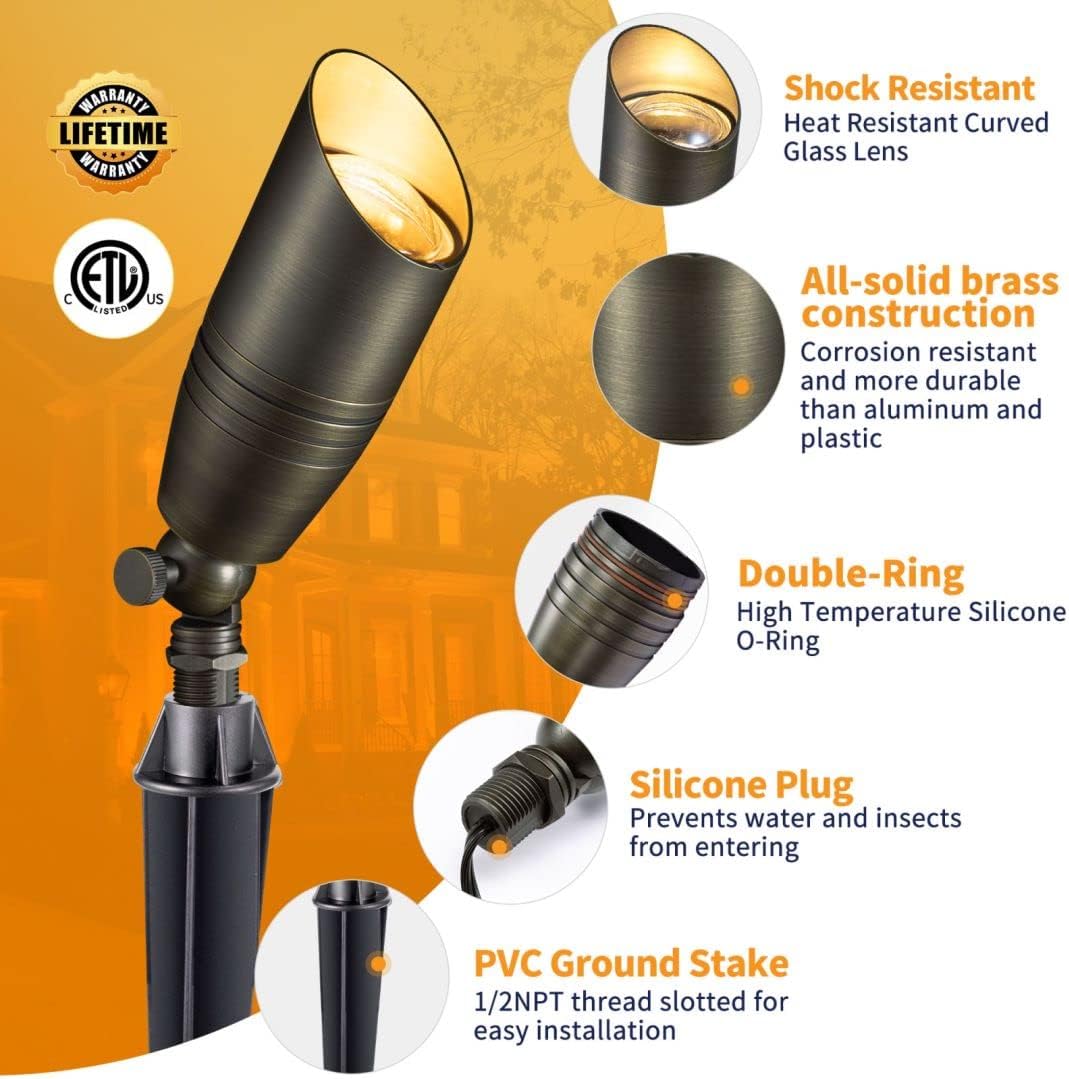 Gardenreet Brass Low Voltage Landscape Spotlights(6-Pack) Kit 12V LED with 100 Feet Wire and 30Pack Connectors for Outdoor Yard Garden Patio Without Transformer