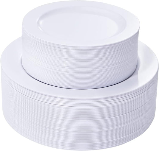 FLOWERCAT 100PCS White Plastic Plates-Heavy Duty White Disposable Plates for Christmas/Easter/Party/Wedding -Serve 50 guests 10.25inch & 7.5inch