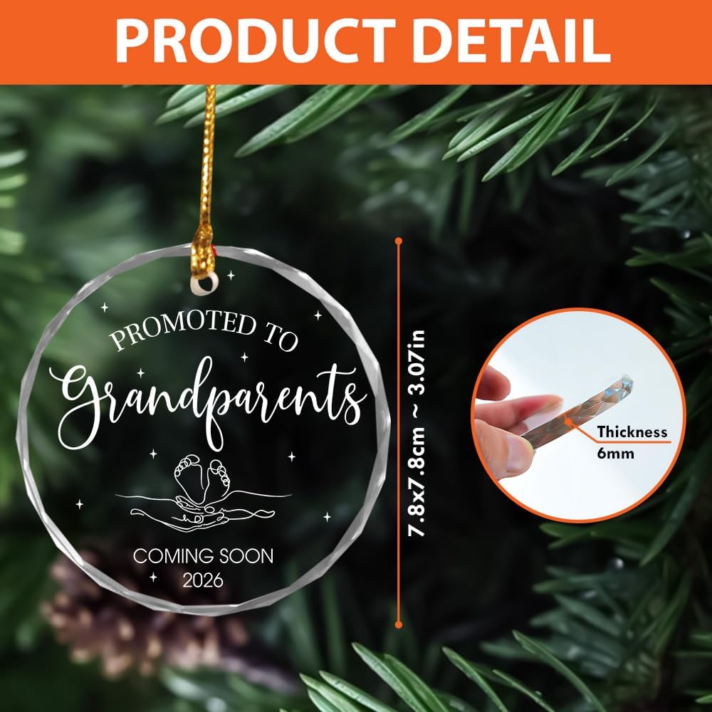Christmas Grandparents Gifts - Promoted to Grandparents 2026 Ornament - First Time Grandparent Gifts for Grandma Grandpa - Baby Pregnancy Announcement Gift - Round Glass Ornament