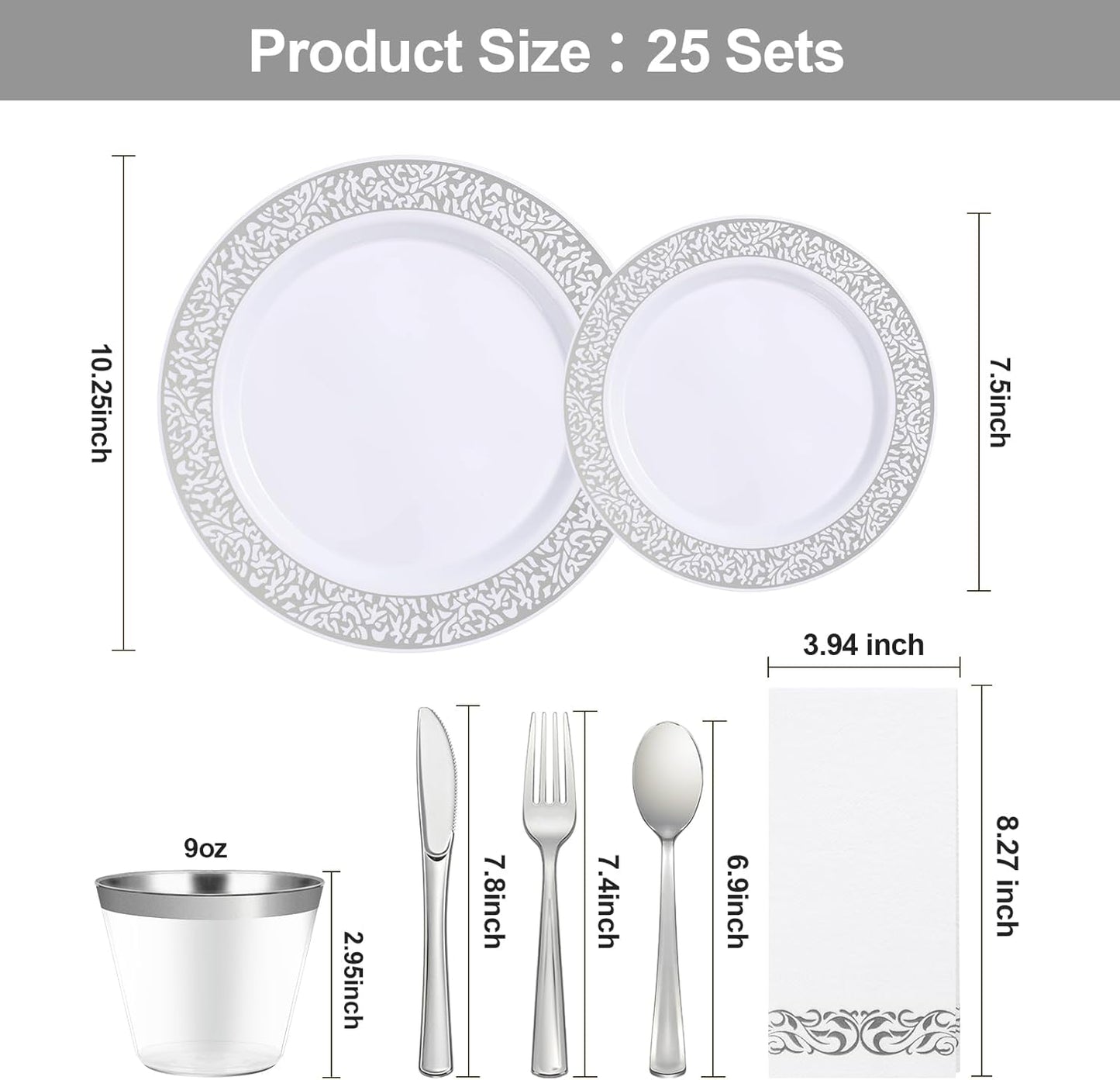 175PCS Silver Plastic Dinnerware Set for 25 Guests, Disposable Plates for Party, Wedding, Include 25 Dinner Plates, 25 Dessert Plates, 25 Set Silver Silverware, 25 Cups, 25 Napkins