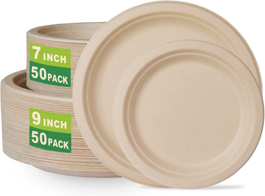 GreenWorks 7 inch and 9 inch Heavy-duty Compostable Plates (each 50 Count), 100 Count Unbleached Disposable Paper Plates