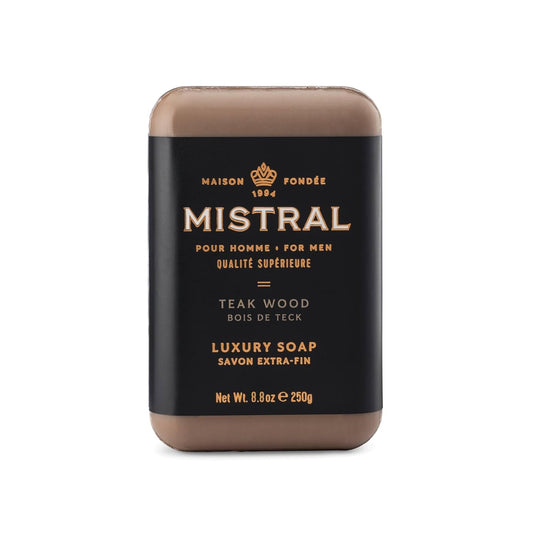 Mistral Teak Wood Luxury Bar Soap for Men | Men’s Natural Soap Bar | Paraben, Phthalates Free | Moisturizing & Triple-Milled Natural Soap for Men - Made in France | Large, 8.8 oz
