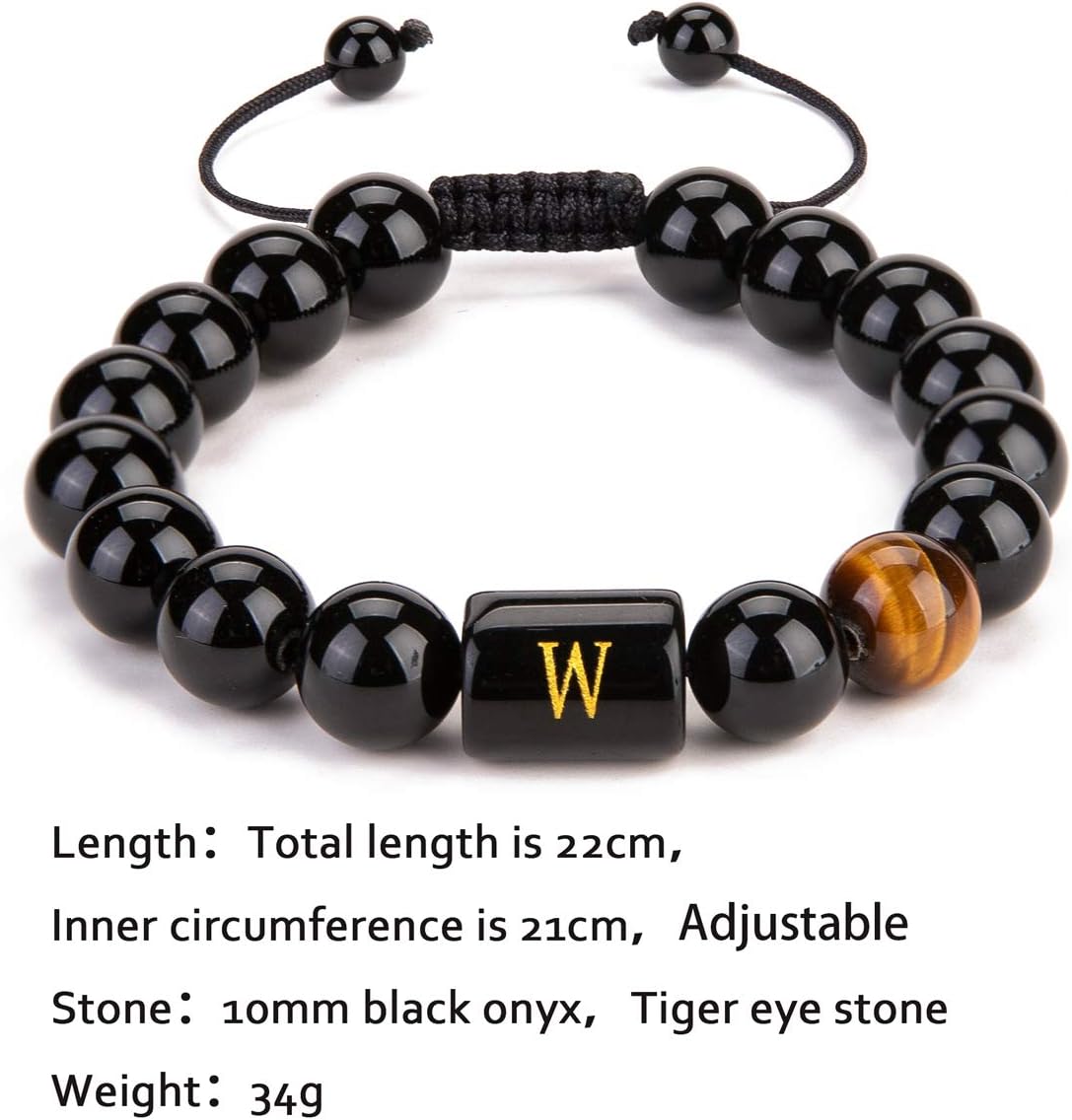 FRG Initials Bracelets for Men Letter Link Handmade Natural Black Onyx Tiger Eye Stone Beads Braided Rope Meaningful Bracelet