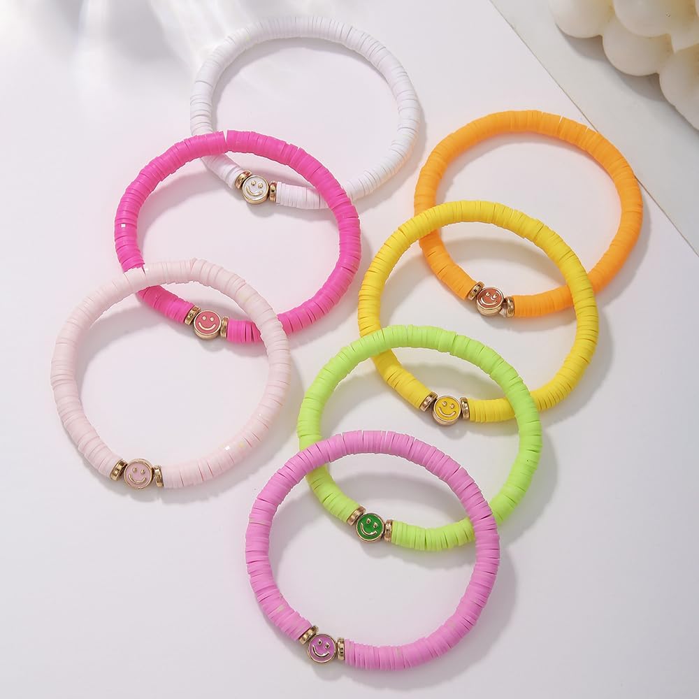 Friendship Bracelets for Women - Heishi Surfer Colorful Smile Evil Eye Clay Beaded Stretch Bracelets Elastic Layering - Stackable Boho Disc Y2K Aesthetic Summer Jewelry Set.