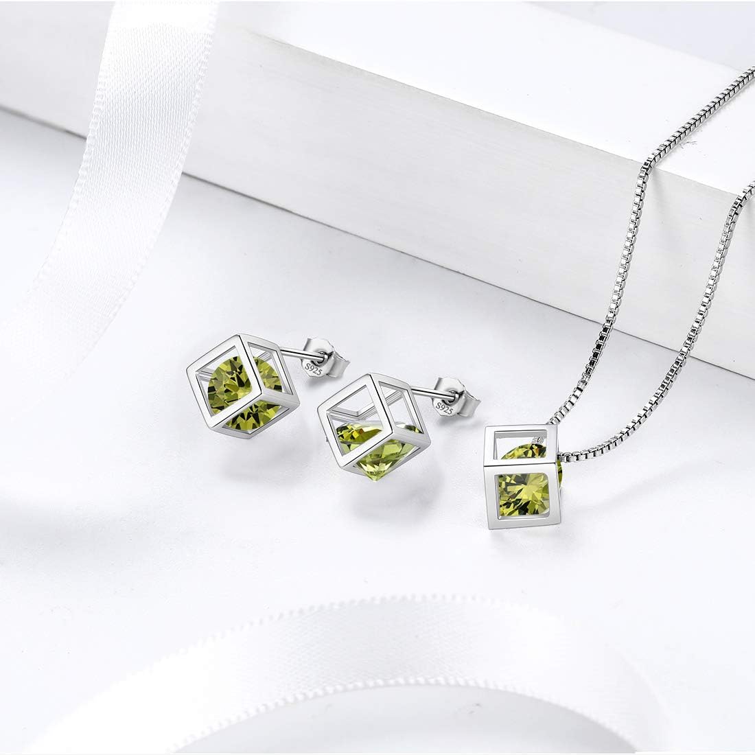 Aurora Tears Birthstone Necklace/Earring 925 Sterling Silver Women Cross/3D Cube/Cresent Moon Birth Stone Jewelry Mens Birthday Gift Anniversary Present