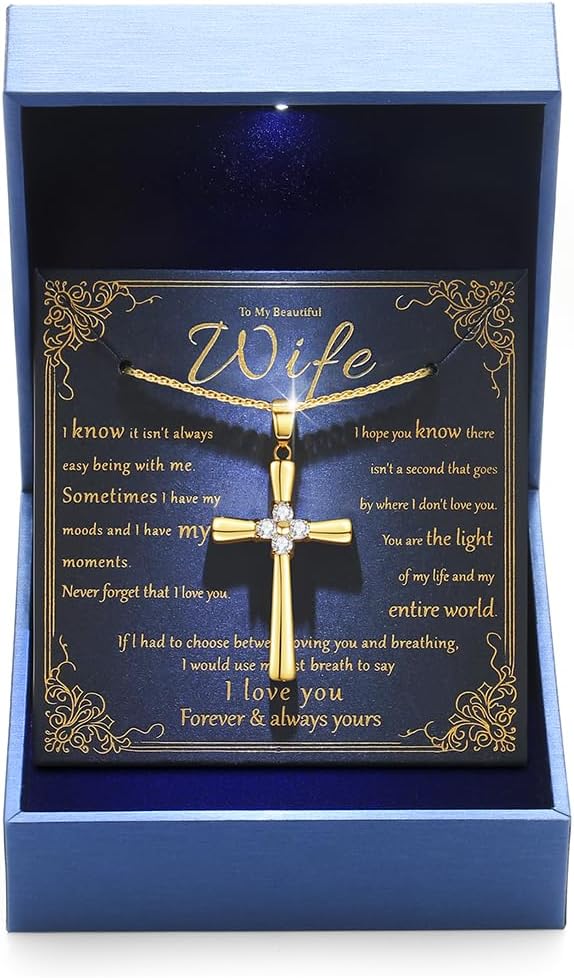 Gold Moissanite Cross Necklace for Women Wife in Light-Up Gift Box,Love Card - Women Anniversary Birthday Gifts Ideas for Wife Her Girlfriend, Christian Cross Chain Jewelry 1CT (18K Real Gold Filled)