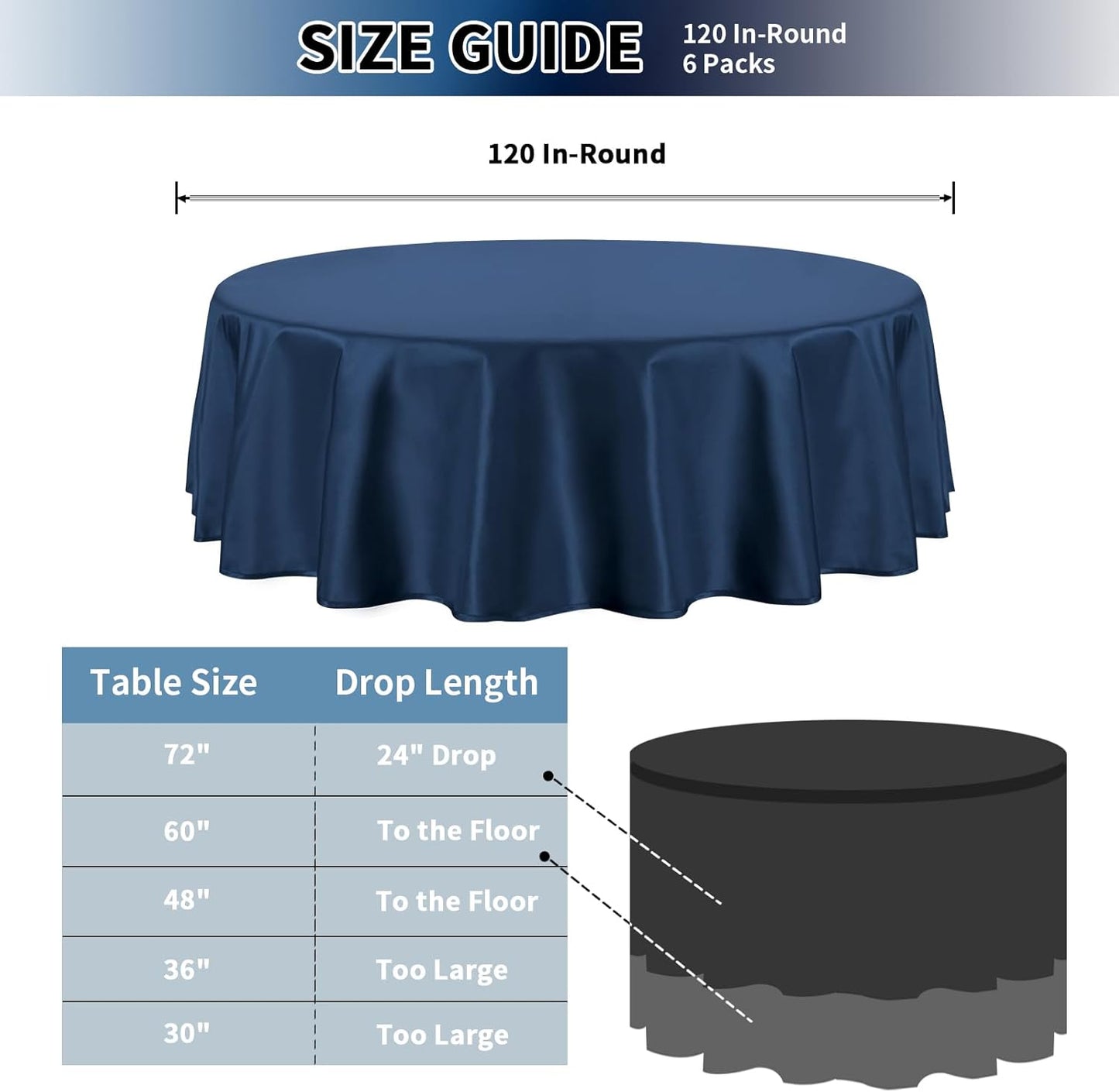 PureFit 6 Pack Round Navy Blue Table Cloths 120 Inch for Round Tables, Stain and Wrinkle Resistant Table Linens for Home Use, Wedding, Party, Banquet and Camping