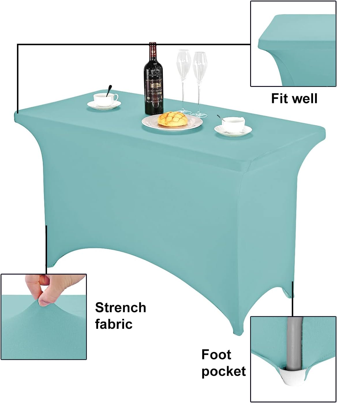 FORLIFE Spandex Table Cover - 4ft Rectangular Fitted Tablecloth for Banquet, Wedding, Party - Stretch Patio Table Covers in Aqua
