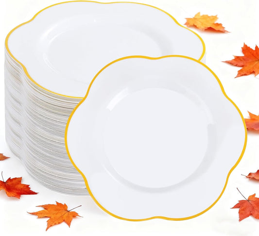 Liacere 100PCS White and Gold Dessert Plates- Disposable 7inch Floral Appetizer Cake Small Plates, Perfect for Wedding & Party & Holiday &Baby Show & Fall Decor & Thanksgiving
