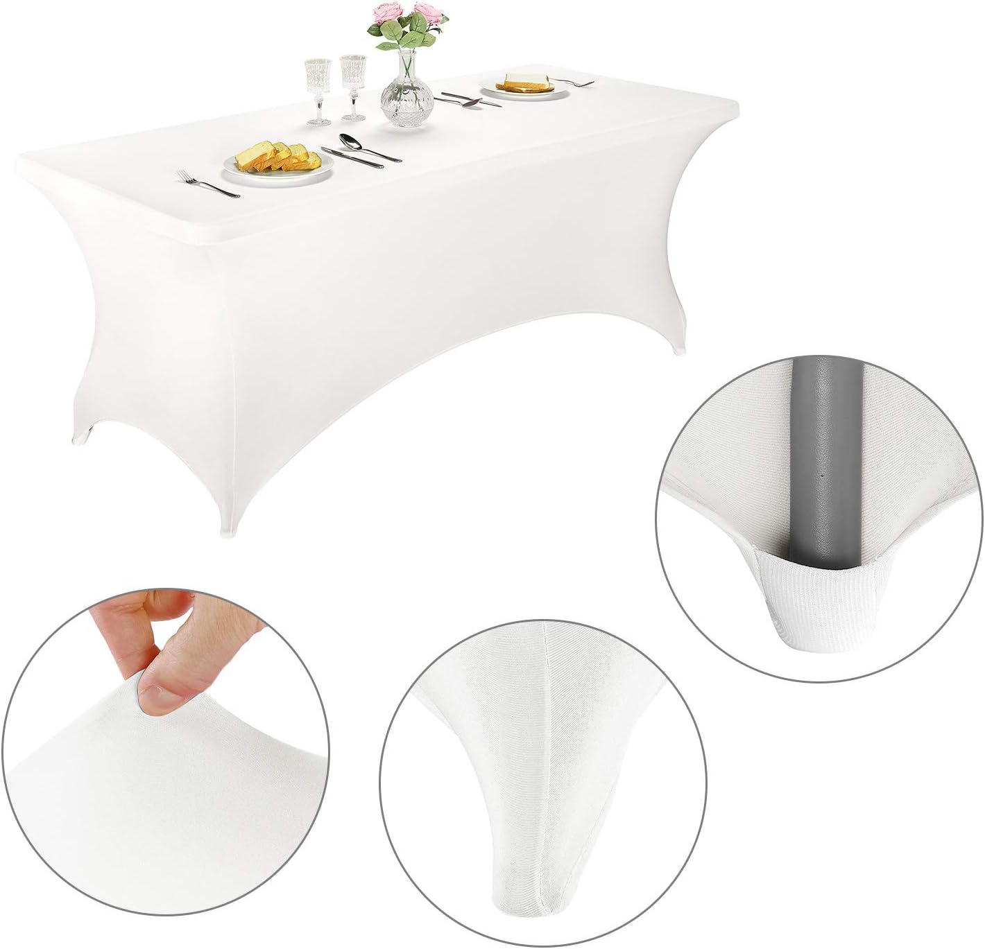 LZY Spandex Fitted Stretch Table Cover for 6 ft or 4ft or 8ft Folding Table, Rectangular Cocktail Tablecloth, Perfect for Party or Banquet (6FT White)