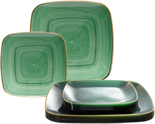 " OCCASIONS " 240 Pieces Pack,(120 Guests) Premium Wedding Party Disposable Plastic Plates Set -120 x 10'' Dinner + 120 x 7'' Salad/Dessert (Belize Square in Green & Gold)